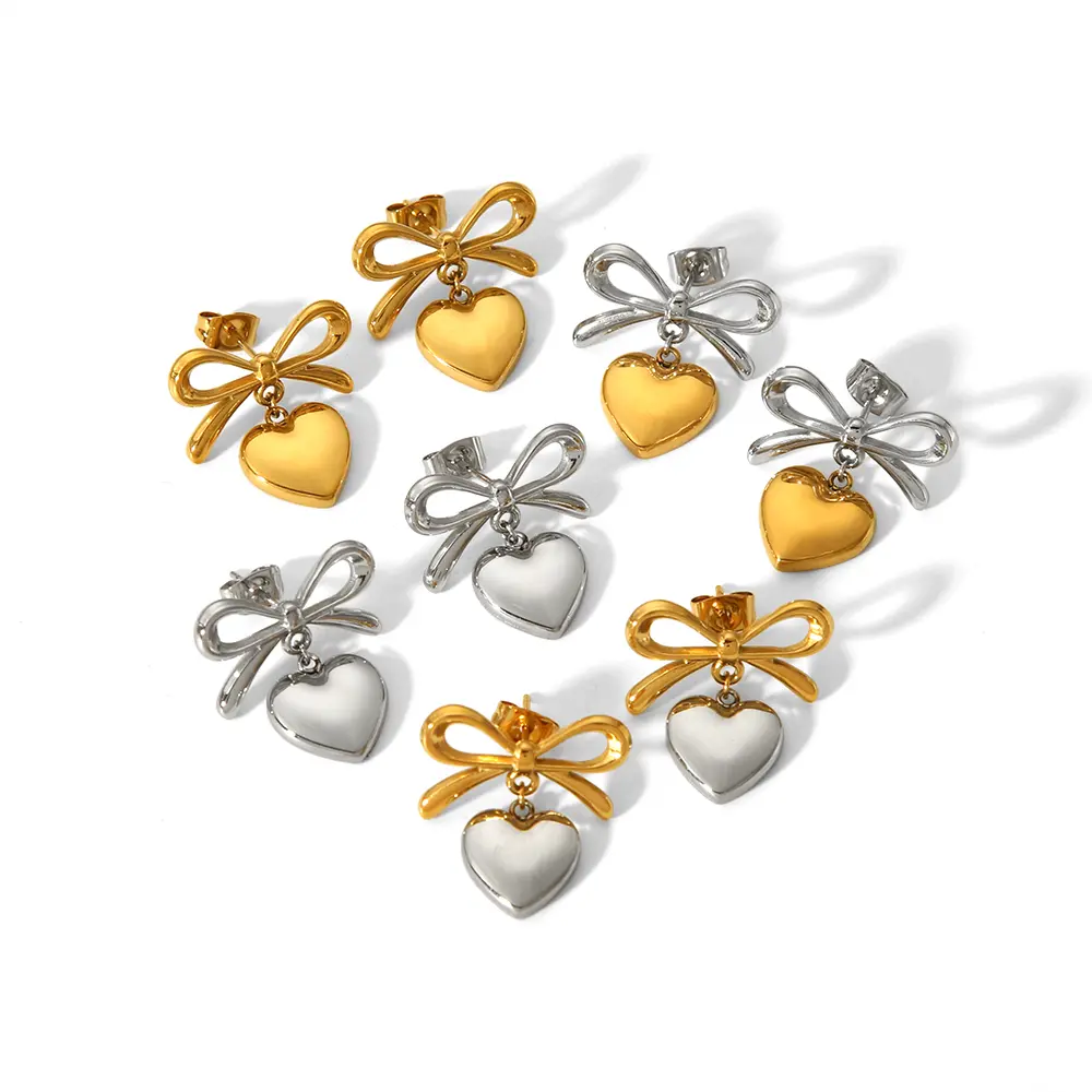 1 Pair Simple Sweet Style Bow Knot Heart Shape Stainless Steel 18K Gold Plated Women's Drop Earrings 